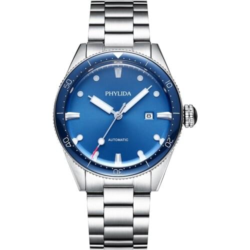 PHYLIDA 5bar Dial Custom Design Luxury Blue Male Watches Automatic Mechanical 43.8mm Sport Diver Wrist Watch Bracelet Homme