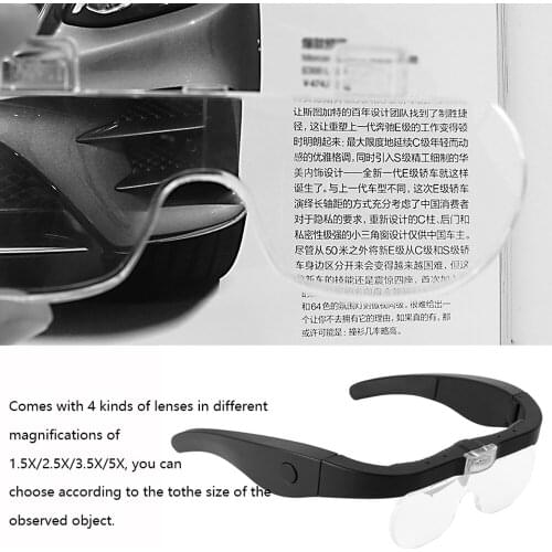 Rechargeable 2 LED Auxiliary Light Wearable Magnifier Magnifying Loupe with 4 Replaceable Lenses 1.5X/2.5X/3.5X/5X Magnification