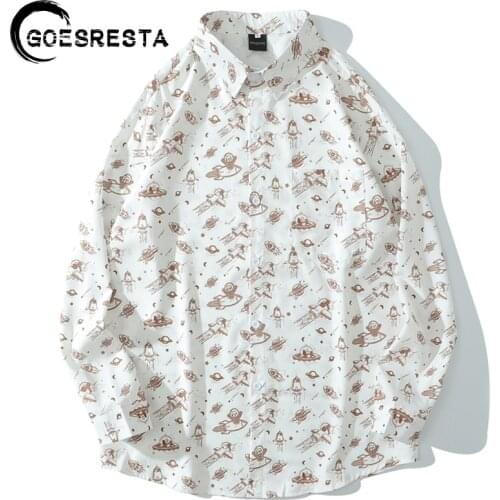 Brand Fashion Hip Hop Shirt Oversized Men Streetwear Cartoon Spaceship Long-sleeved Shirt Harajuku Casual Autumn Mens Shirt