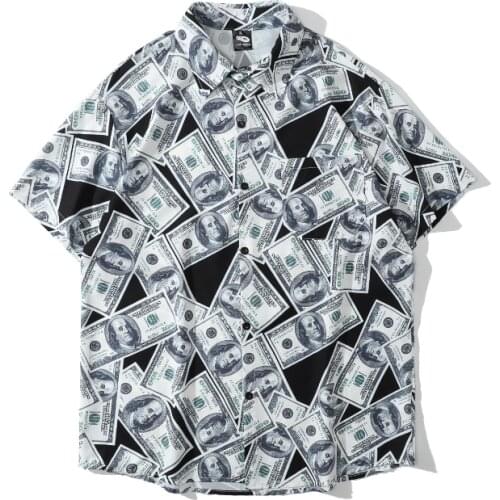 2021 New Summer US Dollar Full Printed Retro Button Up Shirt Men Hip Hop Short Sleeve Vintage Clothes Male Chemise Homme De Luxe