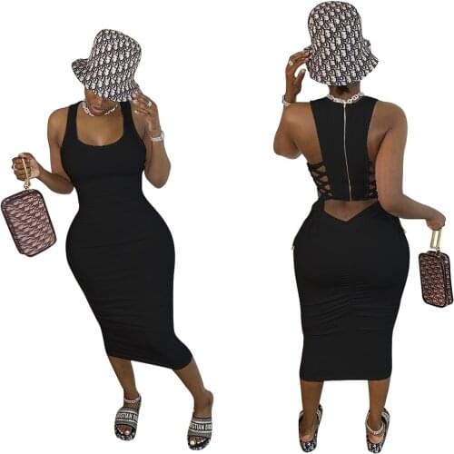 S-4XL PLUS SIZE black dress for women solid color sexy club Zipper drawstring sleeveless Pleated dresses Wholesale Dropshipping