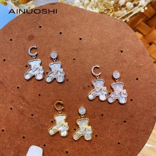 AINUOSHI 925 Silver Shell Cute Bear Drop Earrings Korea Fashion New Style Animal Earrings for Women Temperament Earings Jewelry