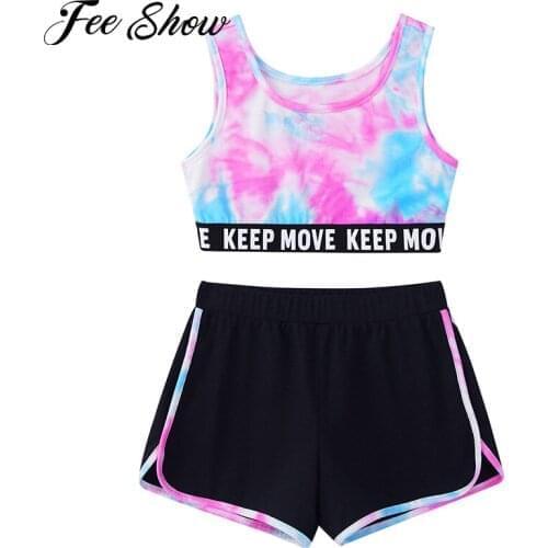 2Pcs Casual Outfits Kids Girls Sports Suit U Neck Sleeveless Tie Dye Print Running Crop Vest and Shorts Set Workout Sport Outfit