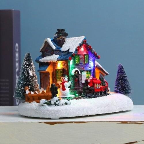 Creative Color LED Lights Christmas Small Train Village House Luminous Landscape Snow Figurines Resin Desktop Ornament Decoratio