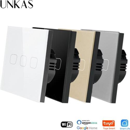 UNKAS Luxurious Glass Panel EU Standard 3 Gang Tuya Wall Light Touch Switch for Google Home Wireless Control WIFI Smart Switch