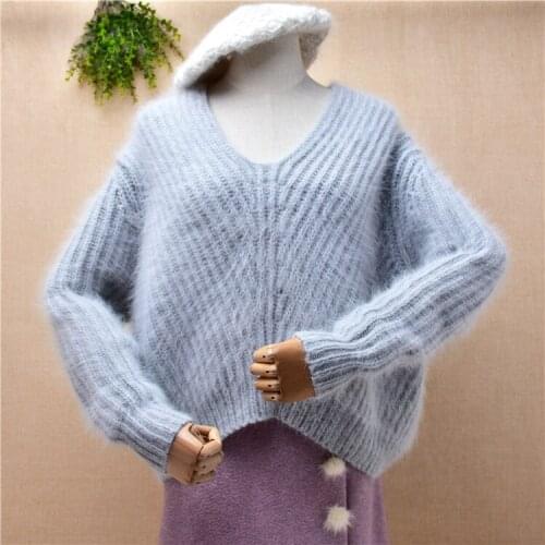 Female women autumn winter clothing hairy mink cashmere knitted v-neck loose striped pullover angora fur jumper sweater pull top
