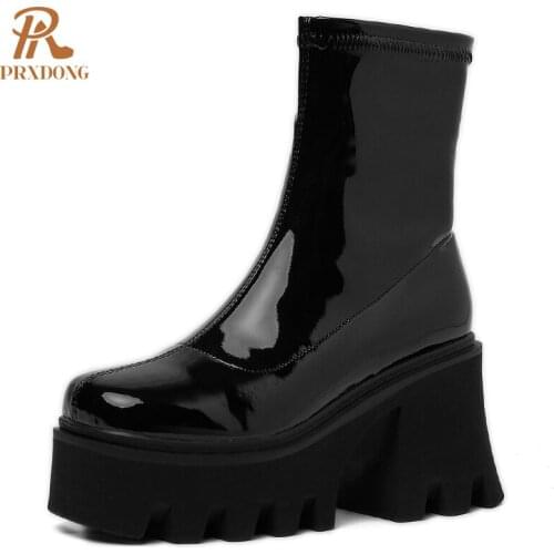 Autumn Winter Ladies Punk Gothic Ankle Boots High Heels Thick Platform Women Shoes with Zipper Patent PU Leather Elastic Black