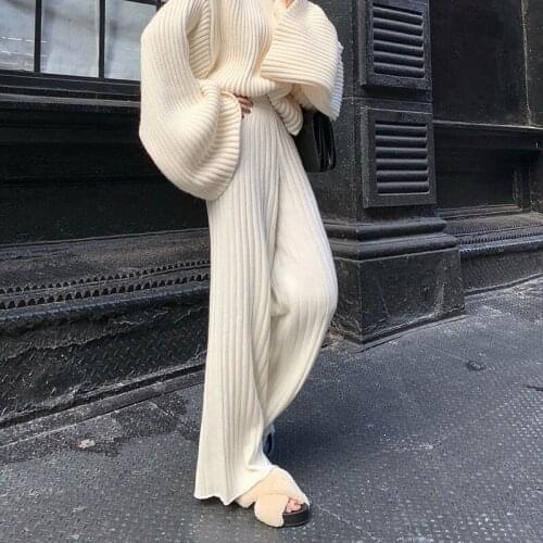 Pants Women Wide Leg Elastic Waist Pleated Knitted Solid Simple Casual Ankle-Length Korean Fashion Daily All-match Womens Y124