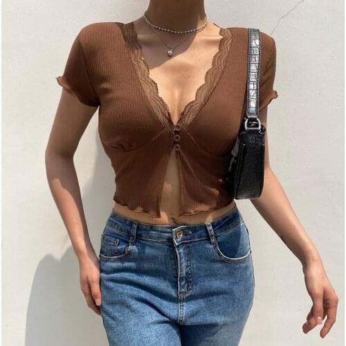 Women Casual T-shirts for Summer Lace Short Sleeve Ribbed Slim Fit Crop Tops Buttons Split Cardigan Clubwear Streetwear