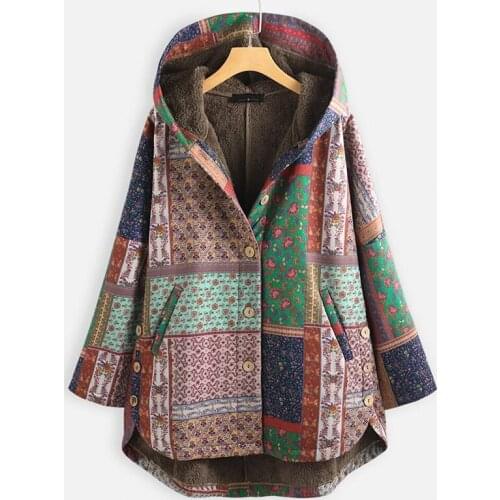 National Women Parkas Patchwork Print Hooded Vintage Coats 2021 Autumn Winter Chinese Style Loose Warm Cashmere Jackets Outwear