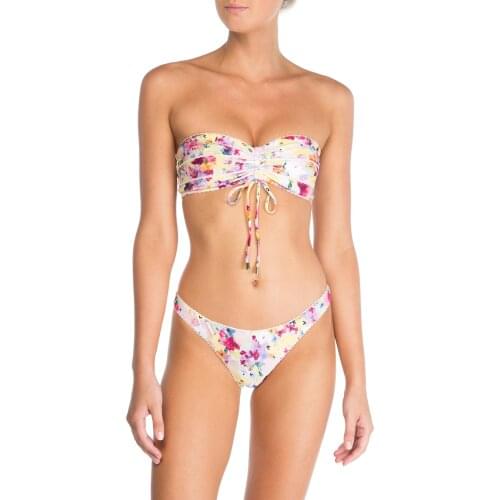 Women 2 Piece Tube Top Bikini + High Waist Shorts Floral Print Sexy Drawstring Design Swimsuits Summer Swimwear