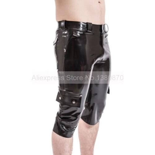 Black Latex Male Cropped Trousers Tight Rubber Capri pants with Pockets S-LTM107