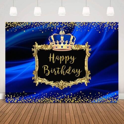 Royal Blue Children Happy Birthday Backdrop Golden Crown Glitter Dots Newborn Prince Princess Birthday Party Background Props