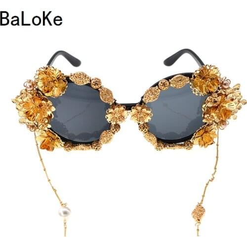 Fashion Design Baroque Gold Retro Handmade Metal Butterfly Flower Eyewear Women Vintage Style Tassel Chain Sunglasses