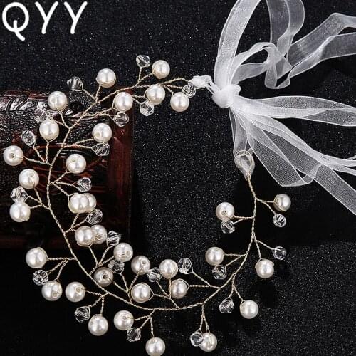 QYY Fashion Handmade White Pearl Wedding Headbands Wedding Hairband Crystals Rhinestones Bride Jewelry Accessories 2019