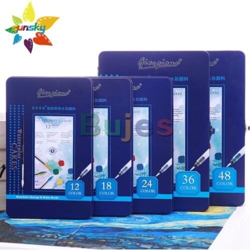 Giorgione Solid powder watercolor paint set 12/18/24/36/48 color Water soft brush, water soluble color lead Portable sketch suit