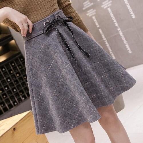 Autumn Checked Mini Skirt Female High Waist Plaid Woolen Skirts Womens Winter Bow Tie A-line Pleated Thick Shorts Skirt Student