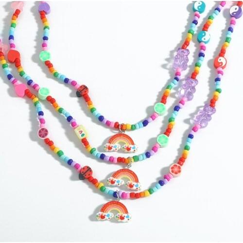 Cute Multicolor Seed Beads Handmade Flower Rainbow Jellies Pendant Necklace For Women Girls Sweet Necklace Xmas Cute Gift