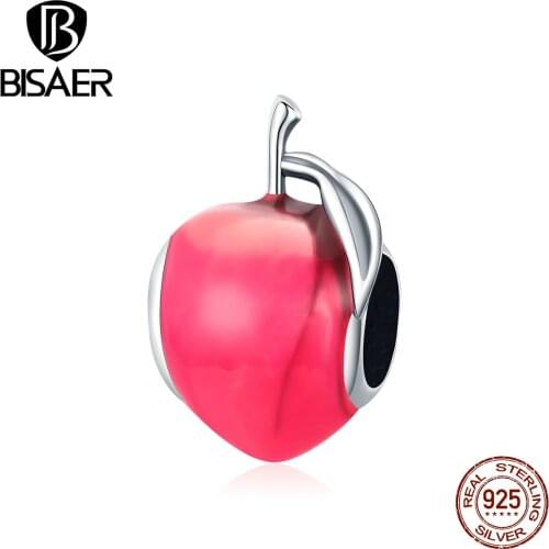 BISAER 100% 925 Sterling Silver Jewelry Red Enamel Apple Fruit Charms For Original Silver Bracelet DIY Jewelry Making ECC1834