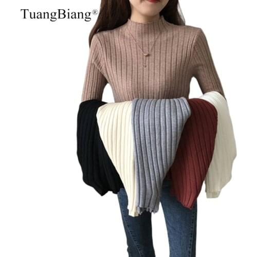 Half turtleneck pullovers elastic Slim Ladies sweater Women Ribbed Elastic Stretched Jumpers Autumn Winter Basic Khaki knit Tops