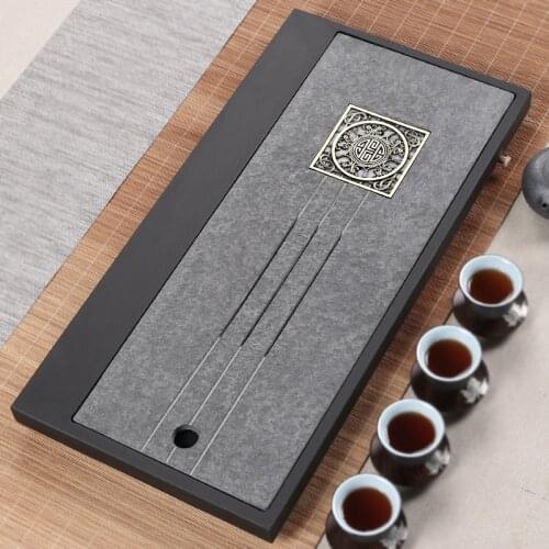 Reservoir tea tray water draining tea table weighted black stone serving tray complete natural stone tea boat L60cm for tea set