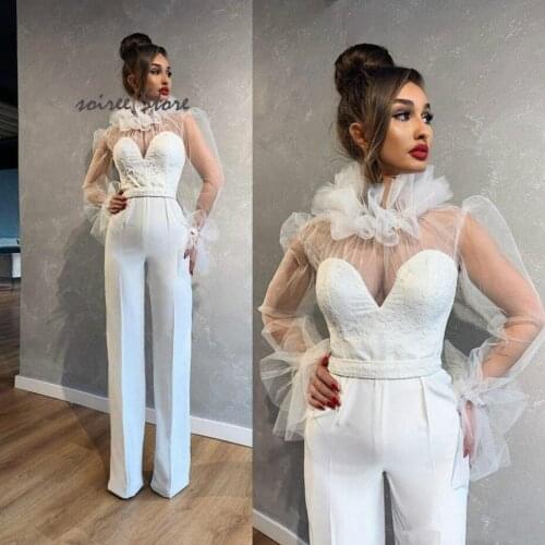 Modest White Jumpsuit Dresses Long Evening Gowns High Neck Long Sleeve Fall Outfits Pant Suit Women Party Gowns Satin Lace 2020