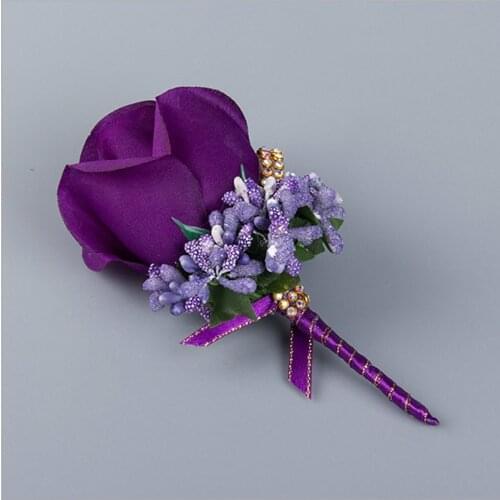 Handmade Wedding Boutonniere Groom Groomsman Corsage Artificial Flower Silk Rose Man Suit Brooch Flowers Deep Purple Corsages