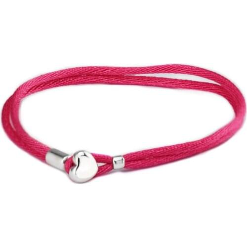 Hot Pink Fabric Cord Bracelets 100% 925 Sterling Silver Fine Jewelry For Women Wholesales Free Shipping