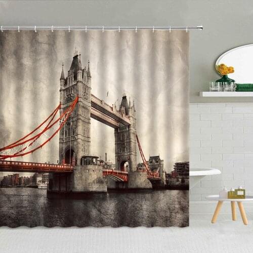 Ancient Architecture Attractions Shower Curtains London Bridge Asia Tower Roman Tourist Sight Retro Bathroom Decor Curtain Set