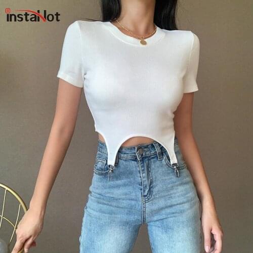 InstaHot short sleeve asymmetric hem crop tops T shirt summer hollow out slim streetwear soft female tops 2020 fashion T shhirt