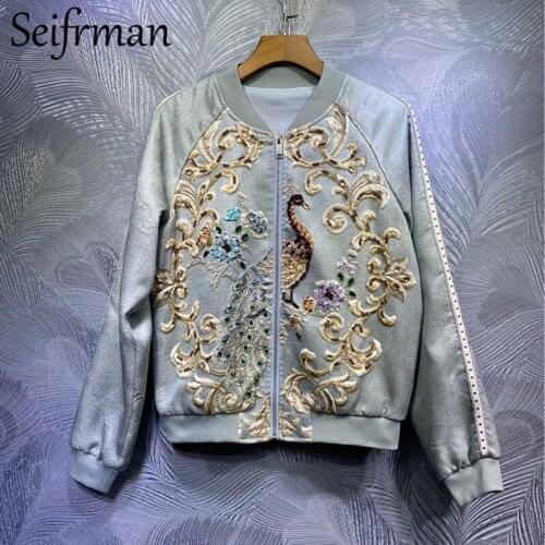 Seifrmann Autumn Women Fashion Designer Short Coat Lantern Sleeve Gorgeous Crystal Beading Sequined Embroidery Ladies Jacket
