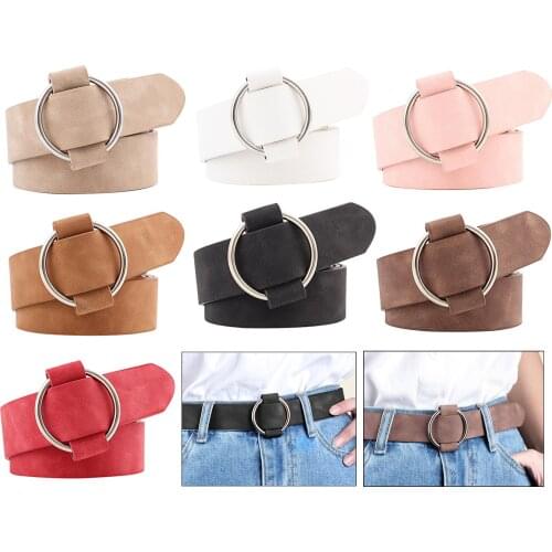 Women Leather Belts Soft Faux Leather Jeans Belts with Alloy Round Buckle No Pin Waist Belt