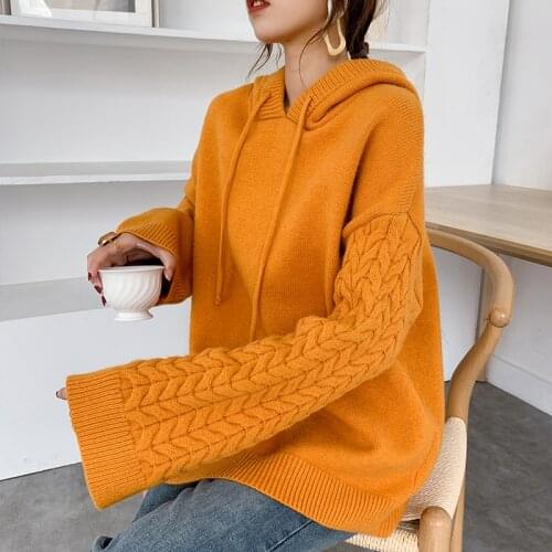 [ZAYAU]Autumn and Winter Twist Casual Hooded Long Sleeve Knitted Sweater womens Lazy Loose Pullover Cashmere Top 2021