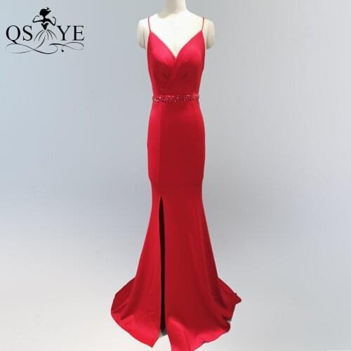 Red Bridesmaid Dress Long Spandex Maxi Prom Dress Straps Stretch V Neck Boho Robe Women Dress Split Bead Sash Short Train Gown