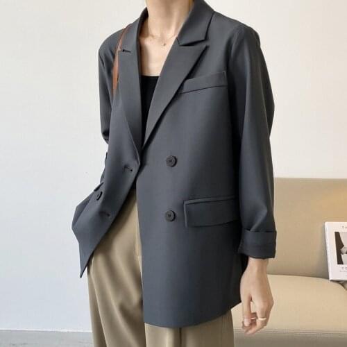 2021 Women Oversized Basic Black Suit Jacket Loose Long Sleeve Casual Blazer Top V-neck Double Breasted Caedigan Coat Clothes