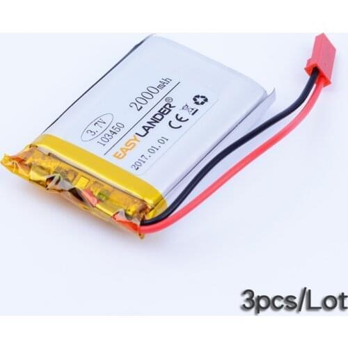 3pcs/Lot JST Connector 3.7V 2000mAh Rechargeable li-Polymer Li-ion Battery For GPS DVR smart home SPeaker toyS plug 103450