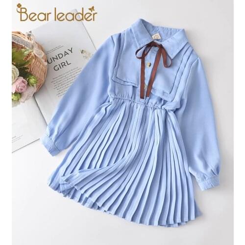Bear Leader Girls Casual Dresses 2021 New Autumn Girl Ruches Dress Kids Bowtie Party Costumes Children Vestidos Fashion Clothing