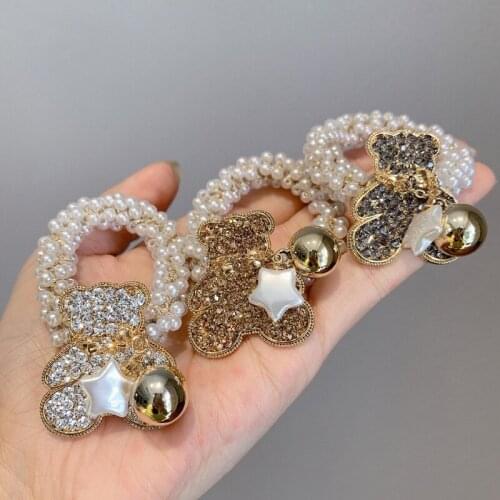 Women Korean Modal Hair Ring 2021 New Pearl Rhinestone Bear Hair Ties