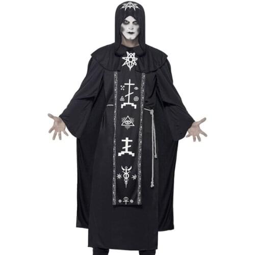 Adult Halloween Cosplay Costume Mystic Sorcerer Robe with Hooded Cape Waist Belt Medieval Vintage Wizard Vampire Gown