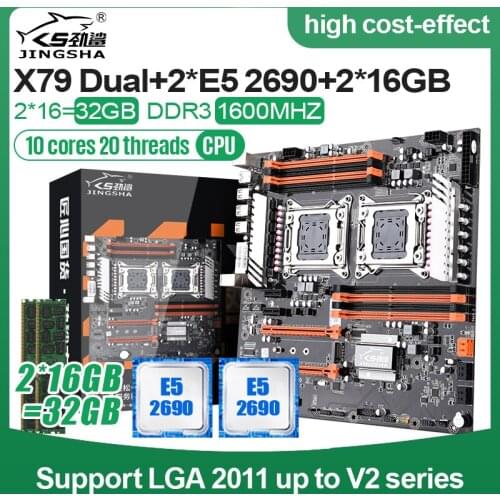 JINGSHA x79 dual cpu motherboard combo LGA2011 with 2*E5 2690*2 with8 Channel DDR3 2*16GB=32GB 1600Mhz ECC REG RAM