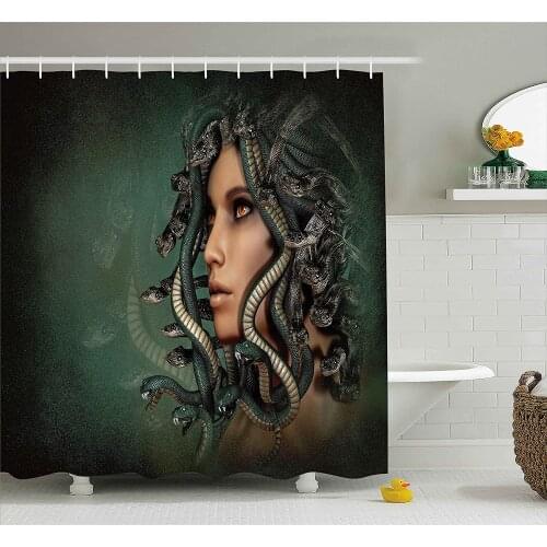 Mythological Decor Shower Curtain Spiritual Woman with Snakes on Her Head Sacred Occult Style Zen Bath Curtain For Bathroom
