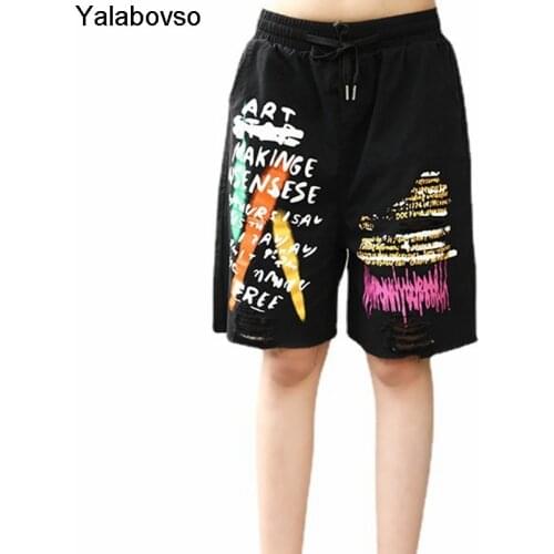 Fashion Jeans Newest Letter Printing Hole Denim Shorts Womens High Waist Loose Wide Leg Capris Summer Thin A-line Ladies Pants