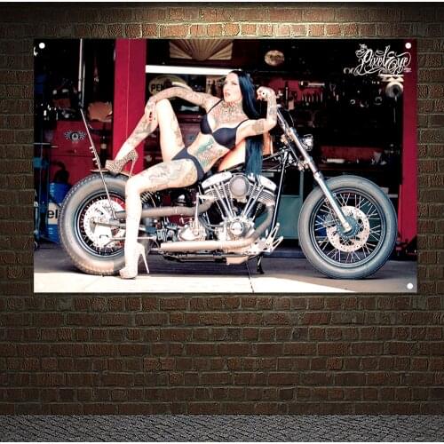 Moto Lady With Tattoos Banner Flag Wall Hanging Sexy Girl Nude Art Painting Tapestry Motorcycle Poster Flip Chart Home Decor B2