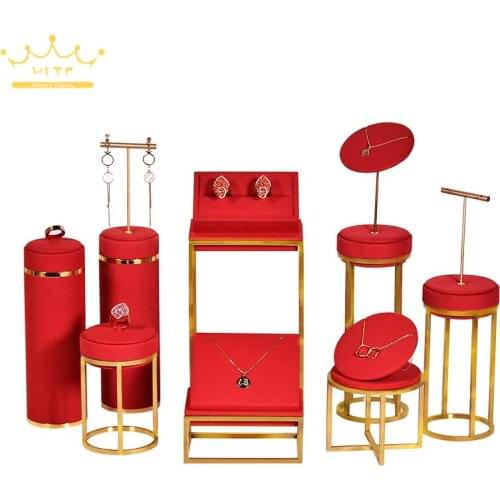 Window image display red microfiber ring earrings necklace pendant jewelry display storage bracket gold metal jewelry rack