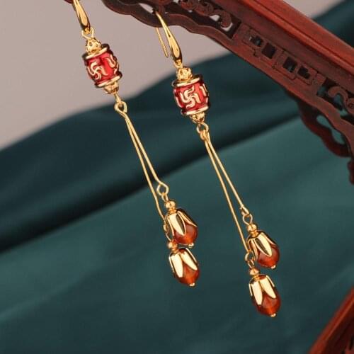 Original Vintage Long Delicate Red Flower Earring Plant Drop Earrings Original Earrings for Women Gift Jewelry