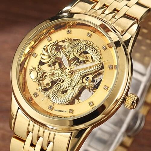 Luxury Gold Dragon Automatic Mechanical Watches Top Brand Skeleton Watch Self Wind Wristwatch Clock relogios masculino Gift Box