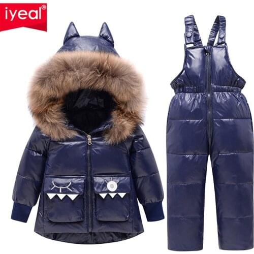 Russia Winter Kids Girls Boys Snowsuit Jumpsuit Baby White Duck Down Jackets Overalls Children Real Raccoon Fur Hooded Clothing