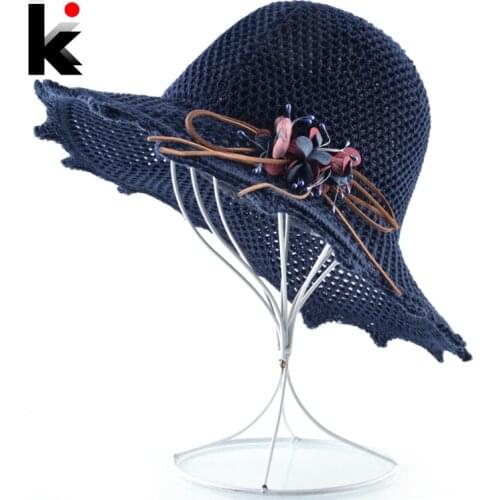 Solid Straw Hats With Flower Accessories Women Wide Wave Brim Beach Cap Ladies Summer Sunscreen Sun Hats Elegant Floppy Chapeau
