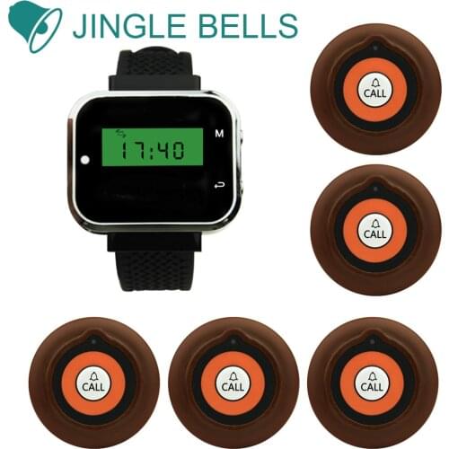 JINGLE BELLS Hotel Cafe call buttons wireless restaurant calling bells 5 transmitters+1 watch pager waiter calling systems