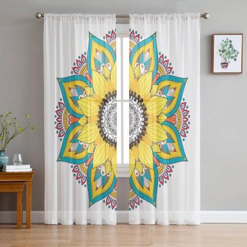 Mandala And Sunflower Tulle Curtains for Living Room Decoration Modern Chiffon Sheer Voile Kitchen Curtain